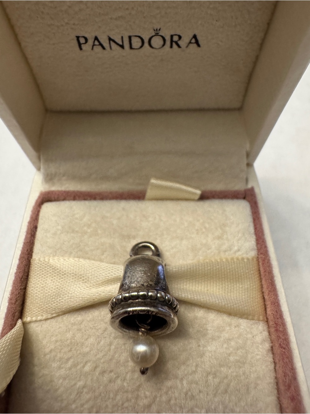 Pandora Sterling Silver Bell Charm with Pearl Drop - White